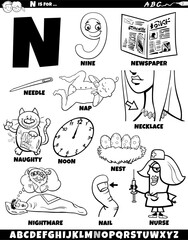 Wall Mural - Letter N set with cartoon objects and characters coloring page