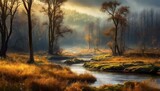 Fototapeta Łazienka - Dziki, mroczny krajobraz w lesie, mokradła. Tapeta, dekoracja. Generative AI