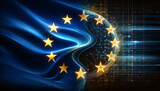 Fototapeta  - Digitalization in Europe. EU flag goes over into digital data lines and points.