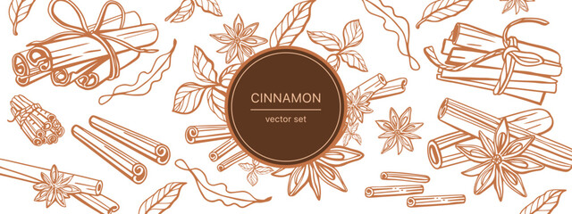 Wall Mural - Isolated hand drawn vector set of cinnamon in engraving style. Braun and chocolate colors. Cinnamon sticks and star anise. Style spice and flavor object. Cooking and aromaterapy ingredient.