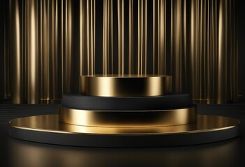 Wall Mural - Gold black podium background 3D golden product line stage dark platform wave display Design podium b