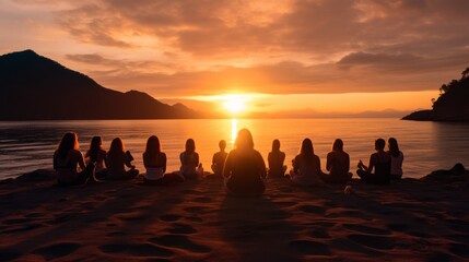 Poster - Group of young female practicing yoga, meditating on the seaside at sunset. Yoga wellness retreat class.