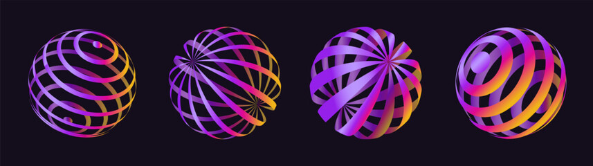 Poster - Set of techno 3d gradient figures, striped mesh models, spheres, y2k aesthetic decorations.