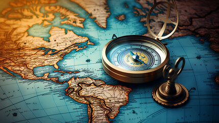 Illustration of an analog compass and location marking on world map background, travel concept