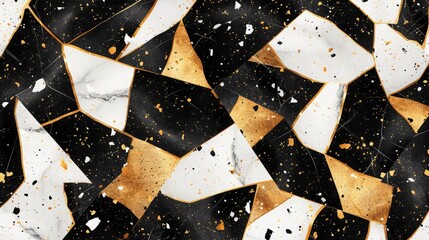 Poster - Seamless pattern background of a black white and gold marble terrazzo wallpaper backdrop