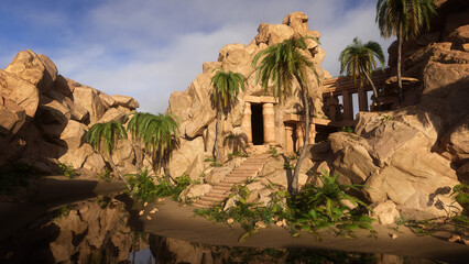 Wall Mural - Ancient fantasy temple ruin in a mountain landscape with river and palm trees. 3D rendering.