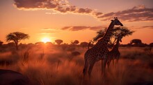 Giraffe In The Savannah At Sunset, Wildlife.