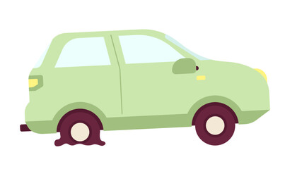 Poster - Accident automobile with flat tire 2D cartoon object. Broken transport isolated vector item white background. Rubber wheel punctured. Breakdown car tyre puncture color flat spot illustration
