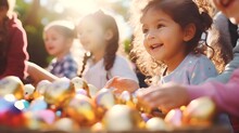 Happy Children Collect Easter Eggs Outdoors.