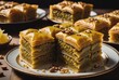 a sweet pastry made of layers of filo pastry filled with chopped nuts and sweetened by ai generated