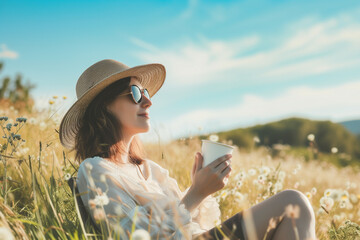 Woman sits and sips coffee amidst beautiful nature.