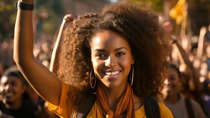 Sticker - beautiful African woman stands tall and proud with her arms outstretched as a symbol of her newfound strength and freedom.