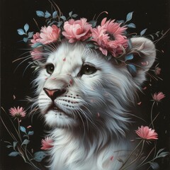 Poster - white lion with a wreath of pink flowers on her head with big green eyes on a pastel black background