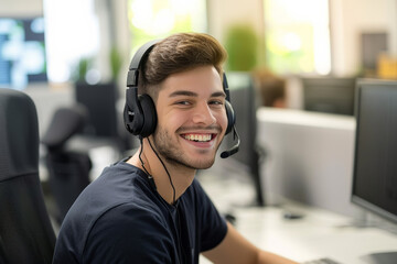 Poster - Happy young male customer support executive working in office. Theyve got the answers youre looking for. Cropped shot of a handsome young man working in a call center with a colleague 
