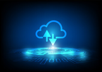 Aufkleber - Cloud storage. From the cloud in the world map. A digital service or application that transfers data to a server or hosting service. Data transfer protection and data center connection network.