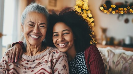 Wall Mural - Elderly Mother and Adult Daughter Smiling, Warm Family Moment Captured