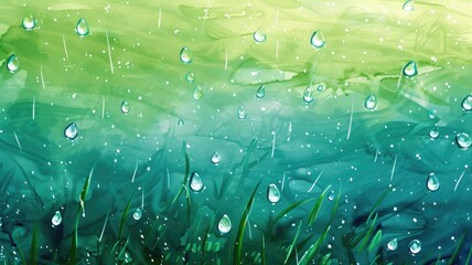  Stylized view from underwater looking up at rain above green sea-grass