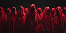 Redrobed Figures With Obscured Faces In A Dark Background Evoke A Mysterious Sects Allure. Сoncept Mysterious Sects, Redrobed Figures, Obscured Faces, Dark Background, Allure
