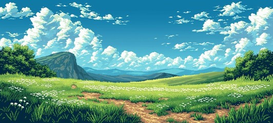 Wall Mural - Pixel art landscape of a green meadow and rolling hills under a cloud-filled sky, evoking the charm of early video games with a peaceful, natural countryside setting.