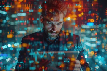 Wall Mural - A young businessman standing with a tablet, abstract vibrant color city on background