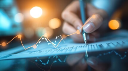 Close-up of a hand drawing a rising graph symbolizing economic growth, global economic reports in the background