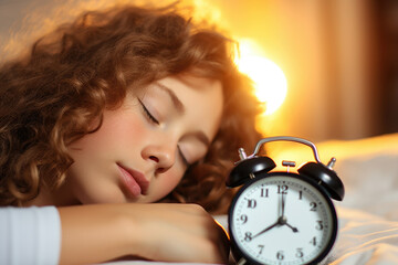 Young girl peacefully sleeping in bed with alarm clock nearby. Perfect for illustrating concept of waking up early or getting good night's sleep.