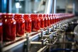 Vibrant assembly line showcasing rows of red jars in a sterile factory setting - the epitome of mass production efficiency