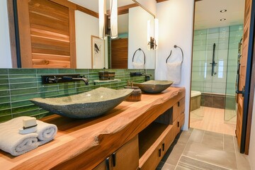 Wall Mural - A Relaxing bathroom featuring natural wood, stone countertops, green glass tiles.