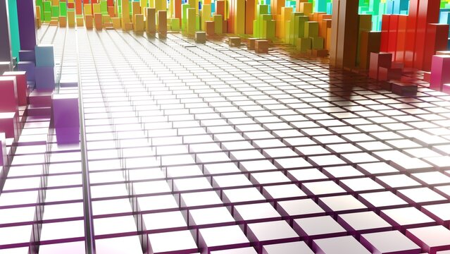 Geometrie - farbige Quader - Skyline - Architektur, Perspektive, Flächen, Formen, Winkel, Körper, Symmetrie, Rendering
