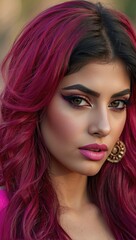 Closeup portrait of a beautiful young woman with pink hair and bright makeup