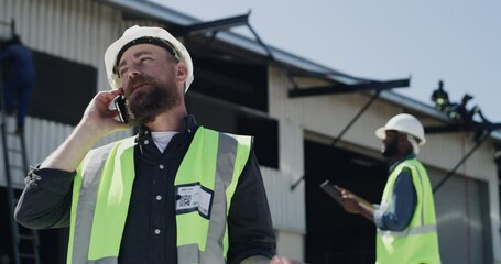 Poster - Phone call, man and construction worker with discussion on site with building plans and safety gear. Engineer, helmet or smartphone with communication on technology, maintenance or plan by warehouse