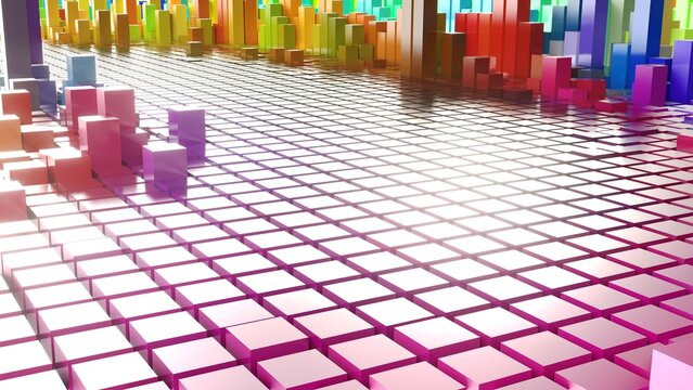 Geometrie - farbige Quader - Skyline - Architektur, Perspektive, Flächen, Formen, Winkel, Körper, Symmetrie, Rendering
