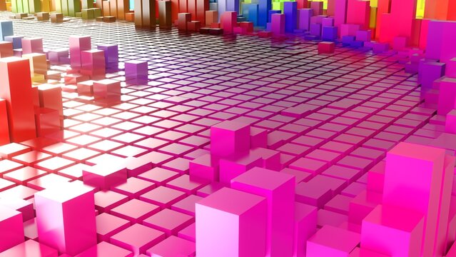 Geometrie - farbige Quader - Skyline - Architektur, Perspektive, Flächen, Formen, Winkel, Körper, Symmetrie, Rendering
