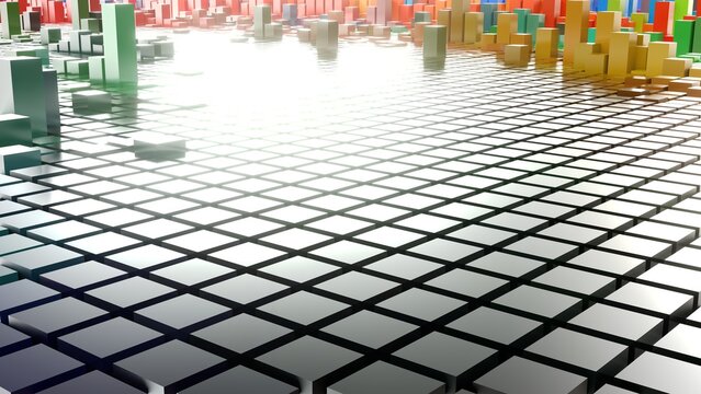 Geometrie - farbige Quader - Skyline - Architektur, Perspektive, Flächen, Formen, Winkel, Körper, Symmetrie, Rendering
