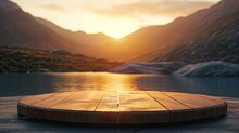 Wooden Round Podium Stage With Pure Mountain Water Landscape Background Product Display, 