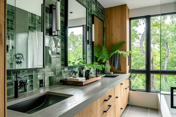 Wall Mural - Relaxing bathroom featuring natural wood, stone countertops, green glass tiles.