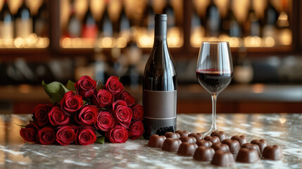 Wall Mural -    A luxurious wine tasting featuring an exclusive bottle of wine, glasses ready to pour, surrounded by an exquisite arrangement of roses and heart-shaped chocolates on a marble tabletop. 