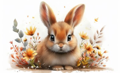 Wall Mural - an illustration shows a super cute rabbit in wood, in the style of watercolored cartoon, boho, white background
