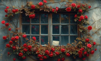 Poster - window with red flowers