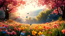Spring Scenery In A Field Of Pink Flowers And Leaves And Butterflies In The Morning  Seamless Looping Time-lapse Animation Video Background Generated AI