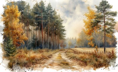 Wall Mural - watercolor a beautiful green pine forest on the left