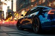 © sikandar - Generative AI illustration of side view of blue luxury electric automobile with glossy surface charging on city street in sunset