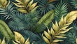 Illustration eines exotischen Dschungels durch die Darstellung von verschiedenen, grünen Blättern. Huntergrund, Wallpaper. Ki. Ai.