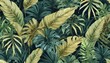 Illustration eines exotischen Dschungels durch die Darstellung von verschiedenen, grünen Blättern. Huntergrund, Wallpaper. Ki. Ai.