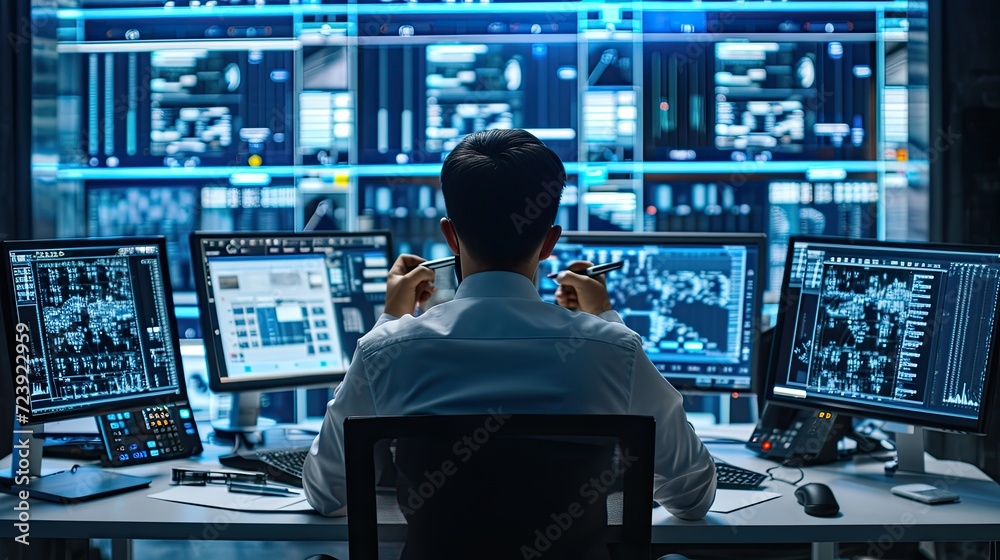 Cybersecurity Command Center. Importance of cybersecurity with an image of a professional in a command center, monitoring and safeguarding digital assets.