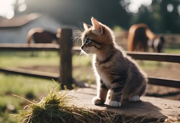 Sticker - AI generated illustration of a cute kitten perched atop a wooden fence