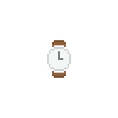 Poster - wrist watch icon 8 bit, pixel art time icon for game logo.