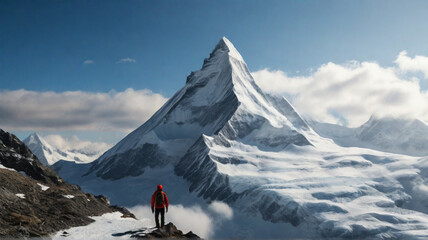 Hiker standing on the top of icy peak and looking at majestic view of wild unapproachable mountain range under snow. Adventure in nature concept.