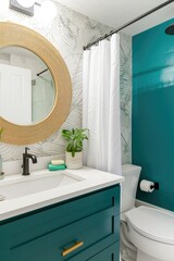 Wall Mural - Small bathroom with a bold teal half-wall and neutral wallpaper .