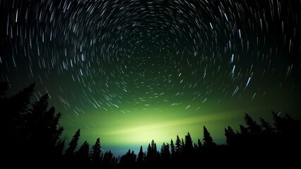 Wall Mural - star trails effect on the night sky above a dark forest focusing on the north-star known as polaris.